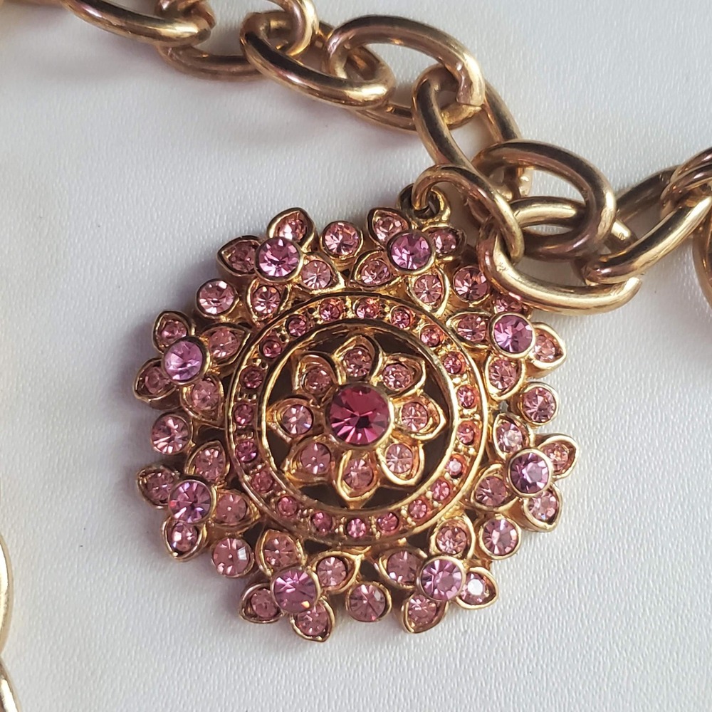Gold Tone Pink Rhinestone Flower Charm Bracelet Chunky Link Toggle Clasp Retro